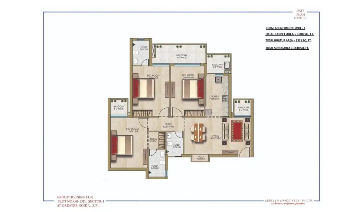 Diligent The Valley 3 BHK + 3T + Pooja Room - 1830 Sq.Ft.